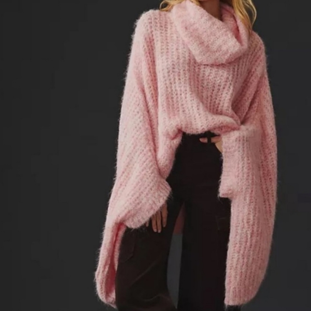 Anthropologie Pink Funnel Neck Cozy Poncho One Size